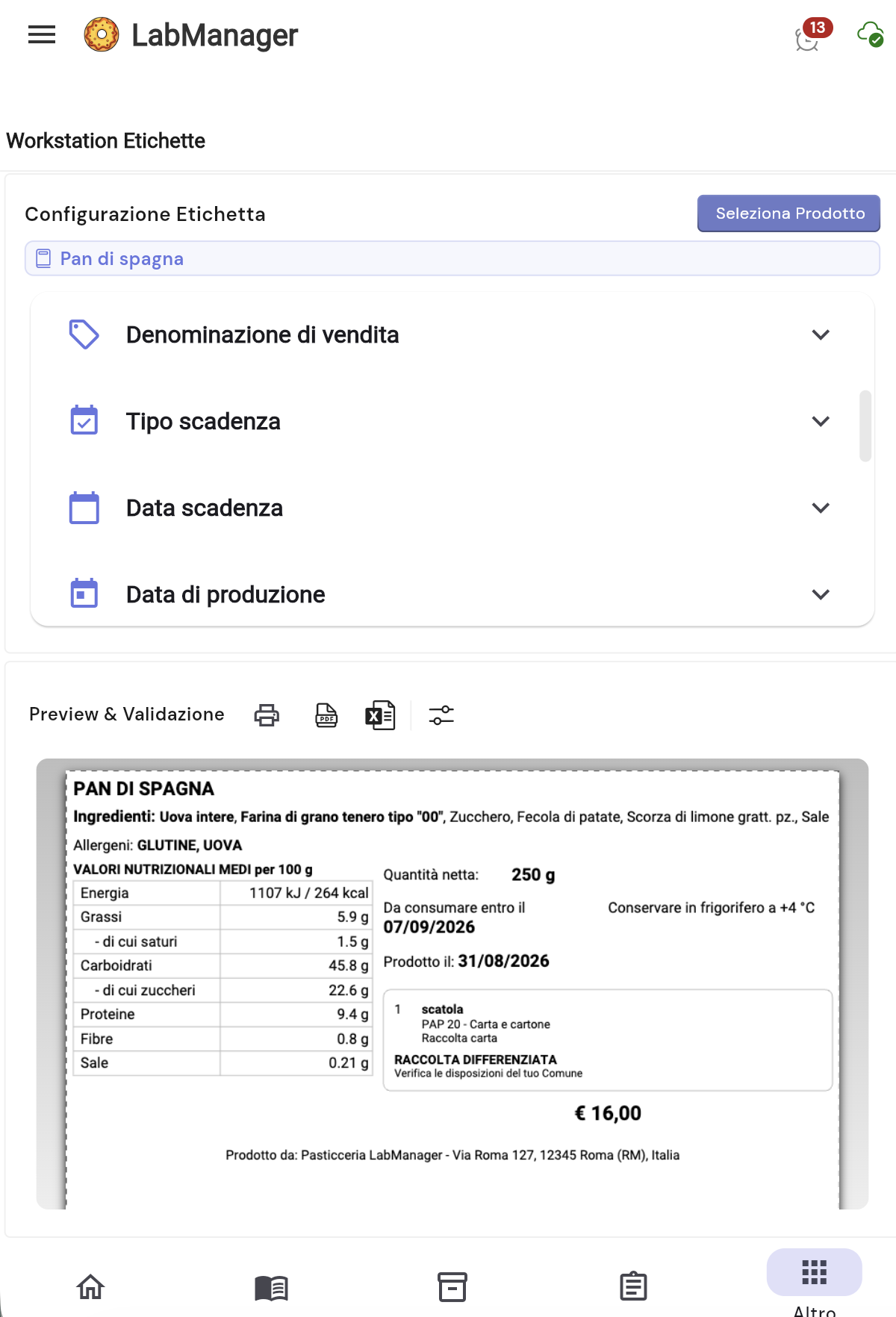 Schermata reale di LabManager per la configurazione delle etichette