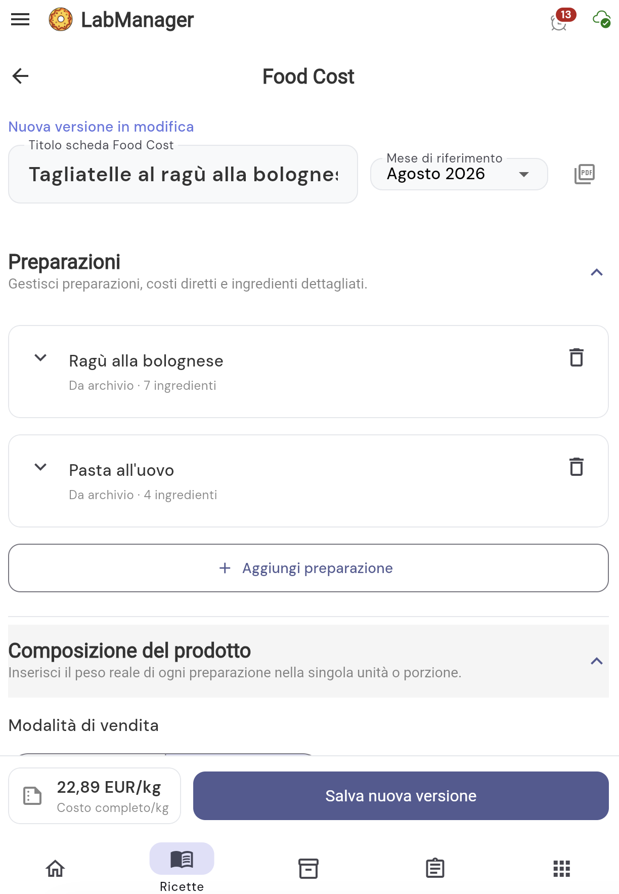 Schermata reale di LabManager con il modulo Food Cost