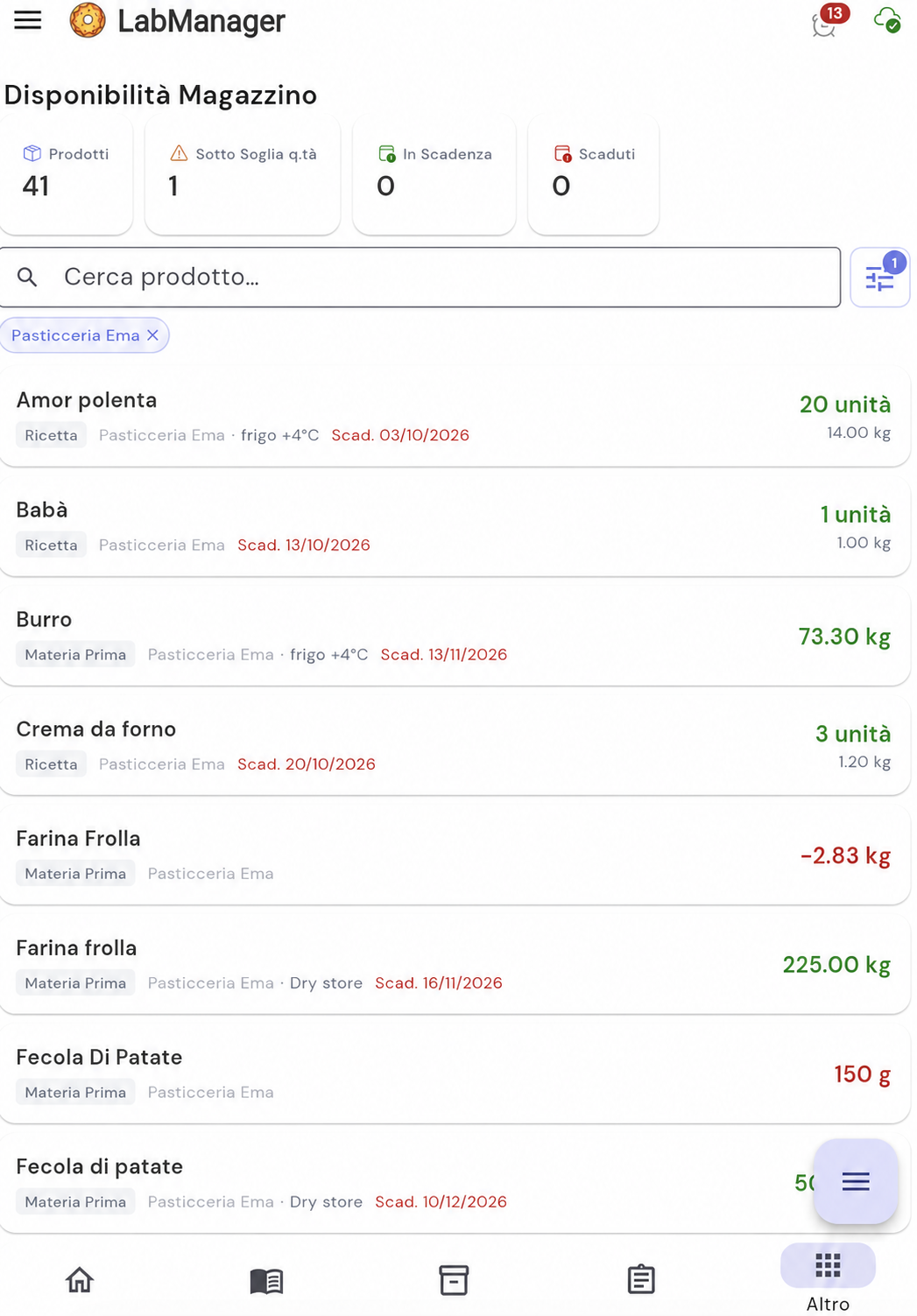 Schermata reale di LabManager con disponibilità magazzino e date demo aggiornate